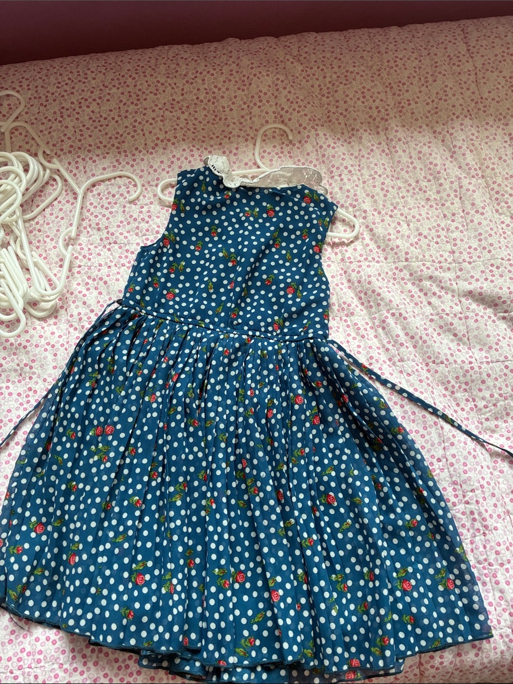 Emily Rose Navy Blue Polka Dot Dress with White Lace Collar and Red Rose Print - Picture 3 of 3